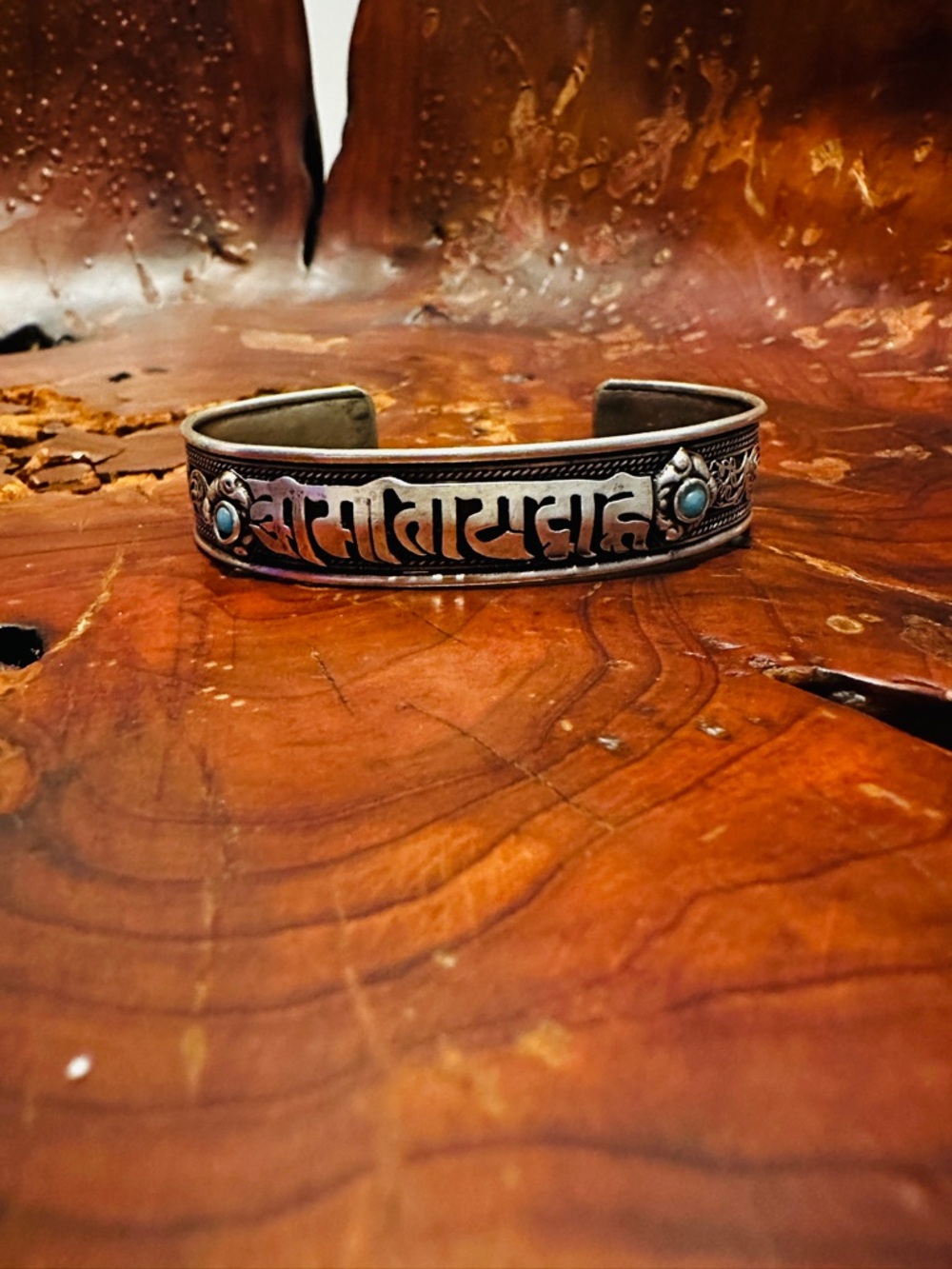Silver Vintage Yoga Cuff Bracelet with Turquoise Accent from Yogananda Temple